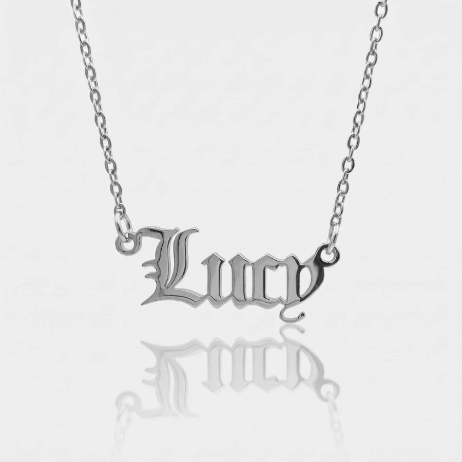 Old English Name Plate Necklace texture close-up