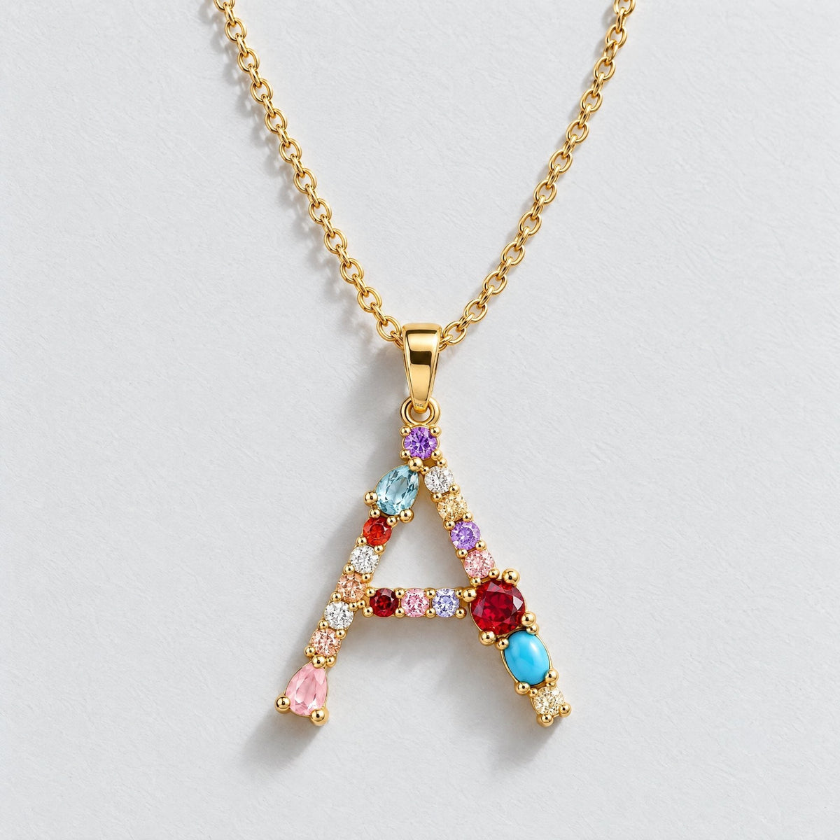 Rainbow Gemstone Initial Custom Necklace - Gold | Monrich